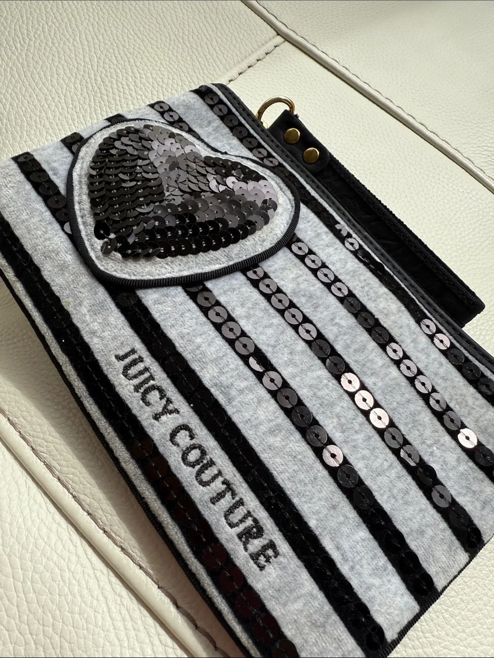 Juicy Couture Gray & Black Striped Sequin Heart Wristlet